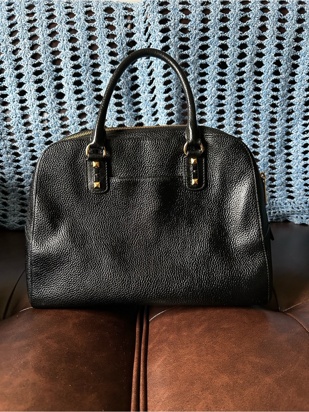 Michael Kors Sandrine Studded Leather Large Satchel Bag Black and Gold A - Picture 7 of 17